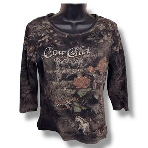 Y2K Era Western Small Cowgirl Buffalo Bills Shabby Chic Boho Stretch Top